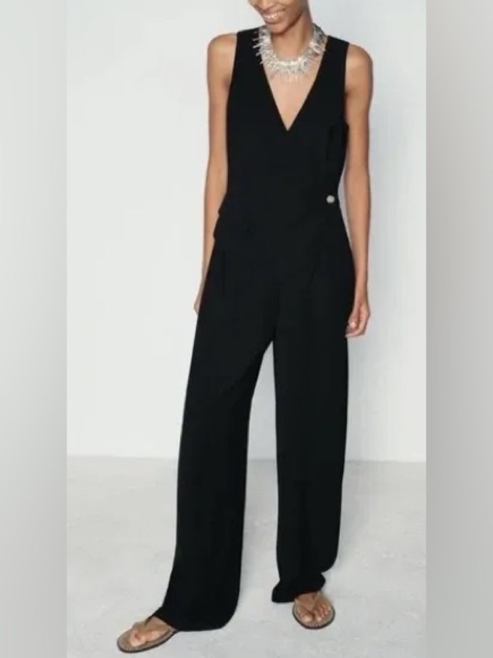 Zara Black Asymmetric Waistcoat Jumpsuit Long Wide Leg Tailored Crepe Size M